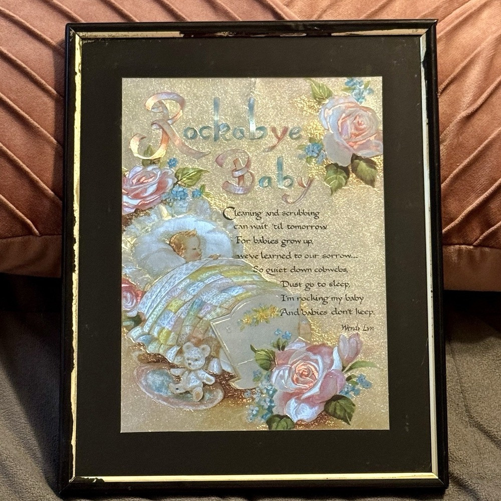 Vintage Framed Foil Art Picture Rockabye Baby Nursery Wall Art Wendy Lyn 8x10